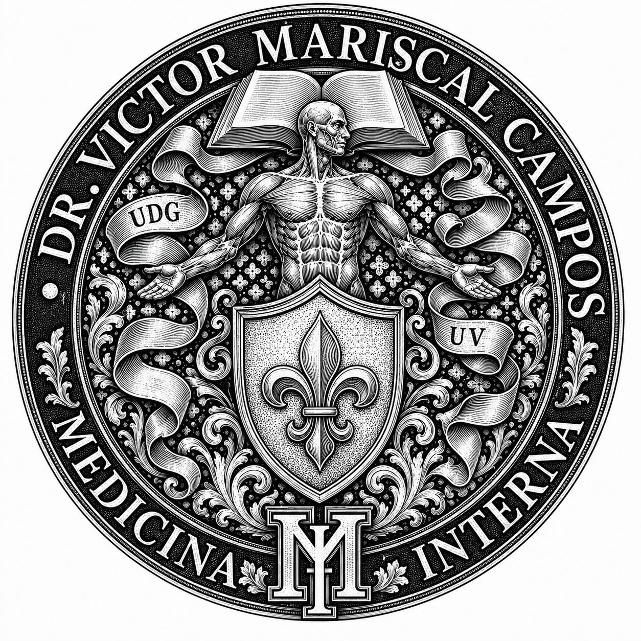 Sello grabado del Dr. Victor Mariscal Campos, Medicina Interna, con figura anatómica, escudo y monograma