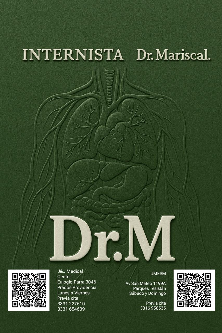 Cartel de identidad Dr.M en verde esmeralda con anatomía del torso —pulmones, corazón y sistema digestivo— en bajorrelieve; Internista Dr. Mariscal